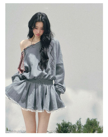 “The Wind Blushes” Lace Trim Off-Shoulder Sweatshirt Dress