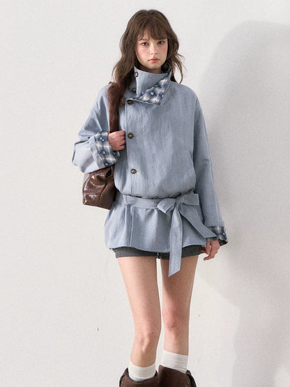 [TMMG] French Stand Collar Reversible Plaid Waist-Cinched Trench Coat (Morning Mist Blue)