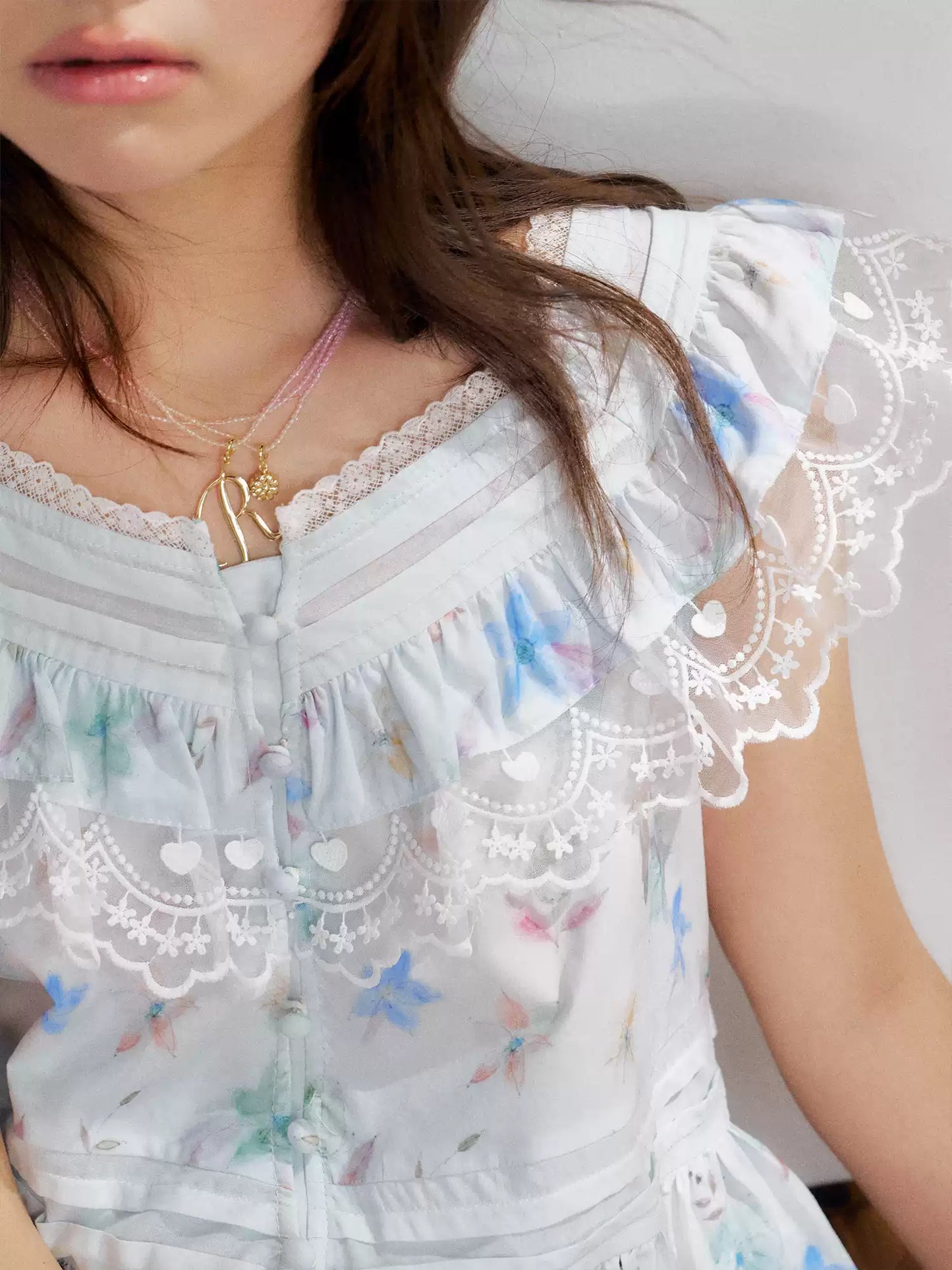 “Mint Blossom Isle” Blue Lace Trim Top & Bubble Hem Skirt