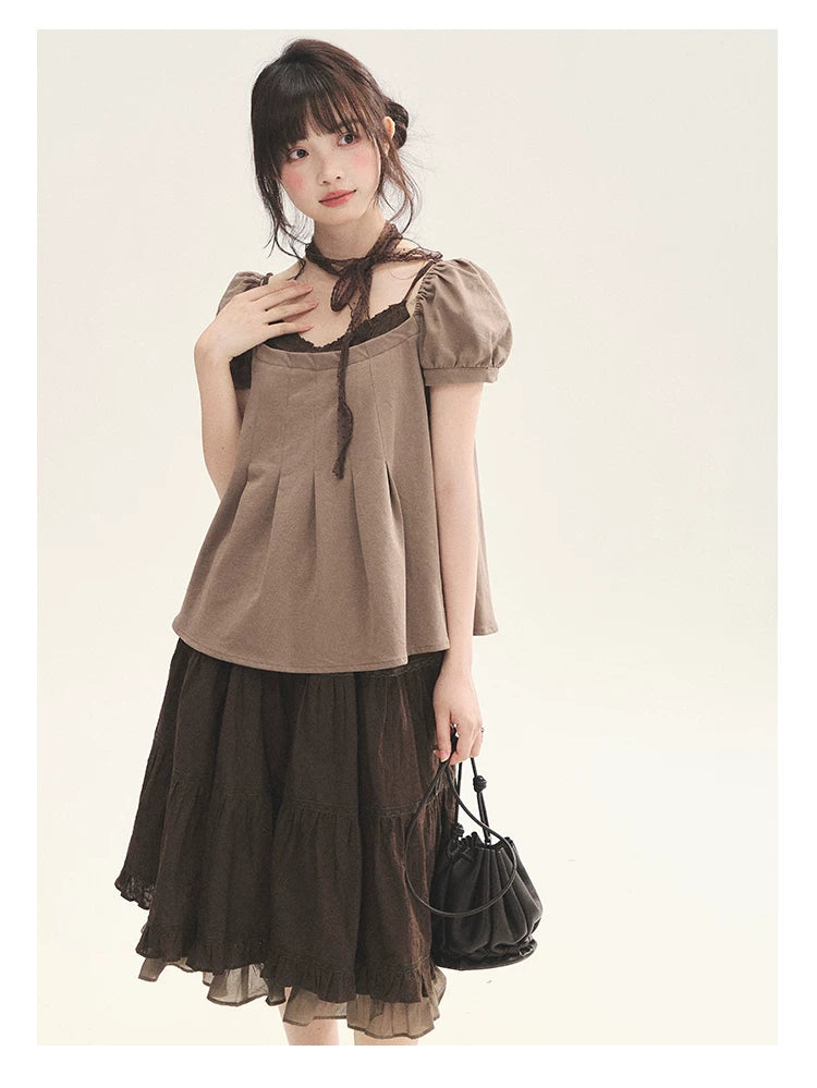 "Tea Brown Reverie" Tea Brown Off-Shoulder Puff Sleeve Knit Top