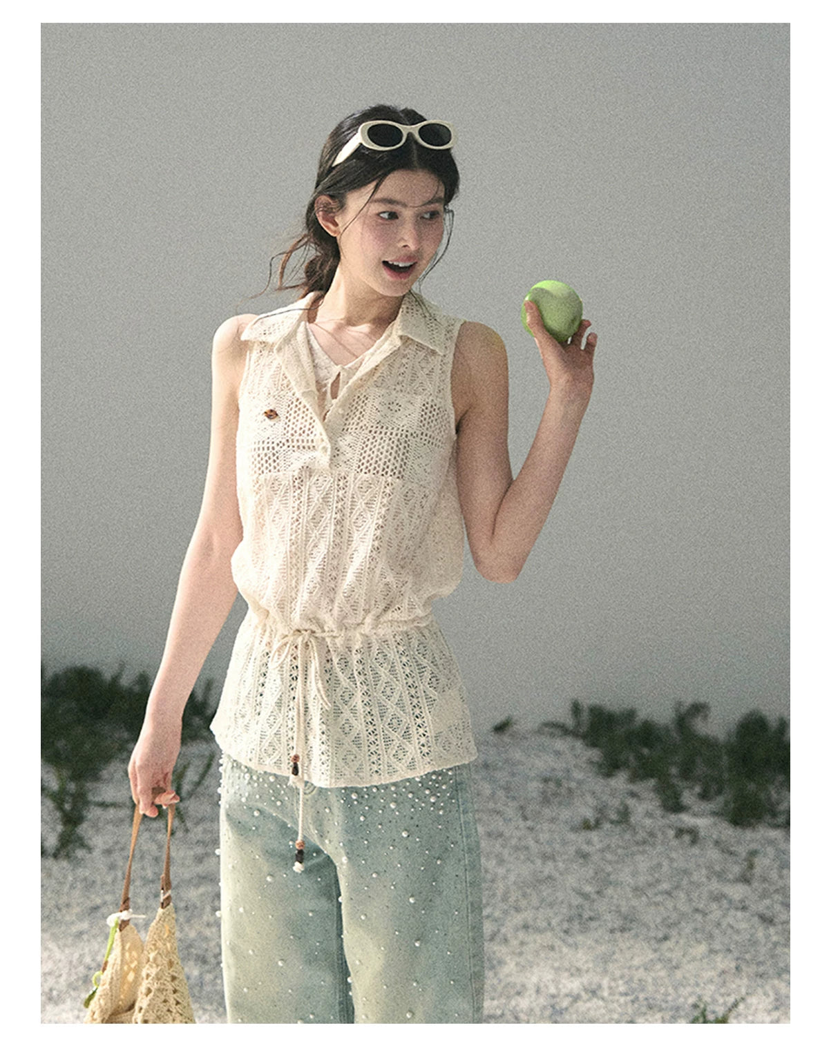“Summer Breeze Kissing the Hem” Ivory Lace Layered Sleeveless Top