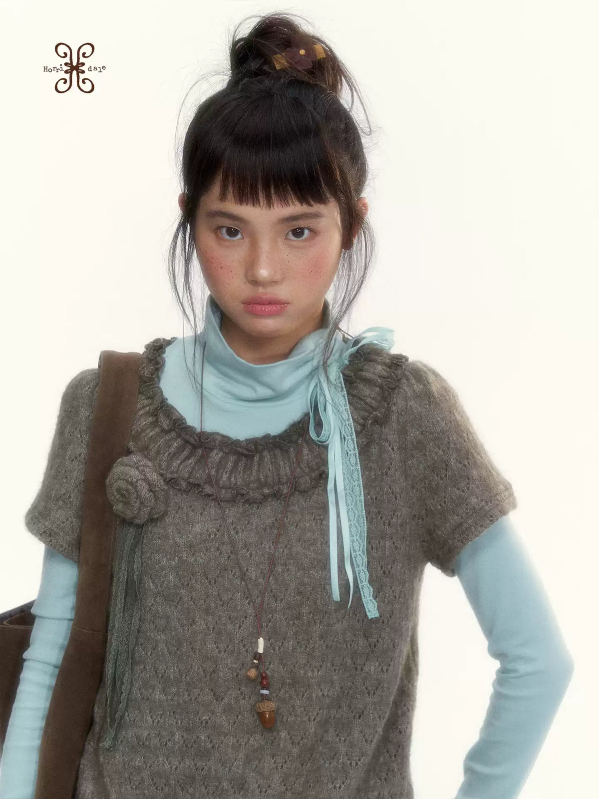 “Mint Milk Pudding” Mint Blue Lace-Trimmed Mock Neck Knit Top