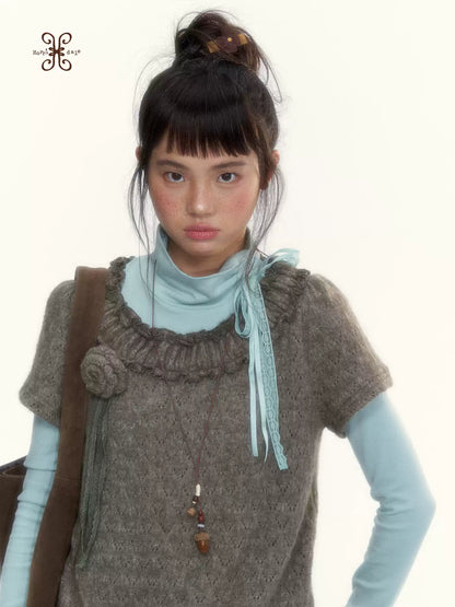 “Mint Milk Pudding” Mint Blue Lace-Trimmed Mock Neck Knit Top