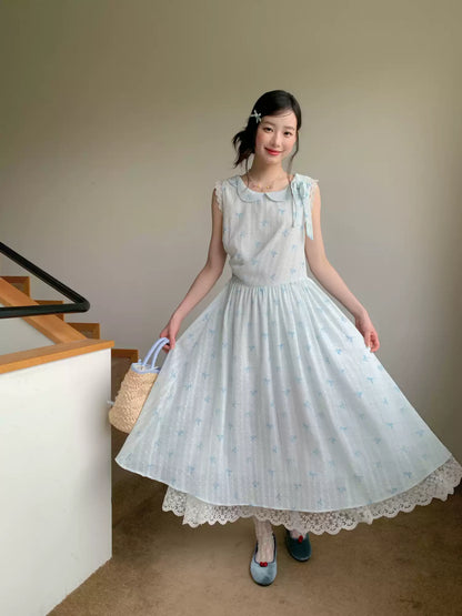 [RF] “Blue Ribbon Whisper” Blue Bow Print Lace-Trim Sleeveless Dress