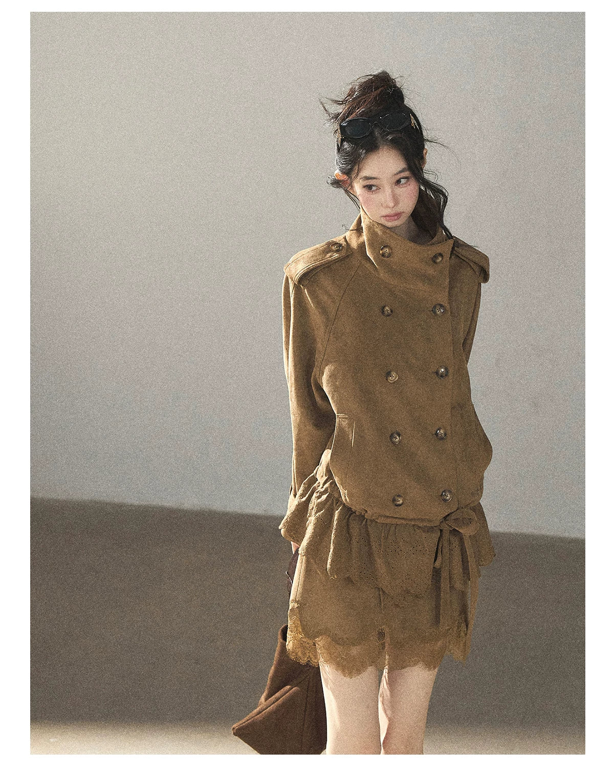 AOMALM - Sandstone Brown Faux-Suede Jacket & Lace-Trim Mini Skirt Set