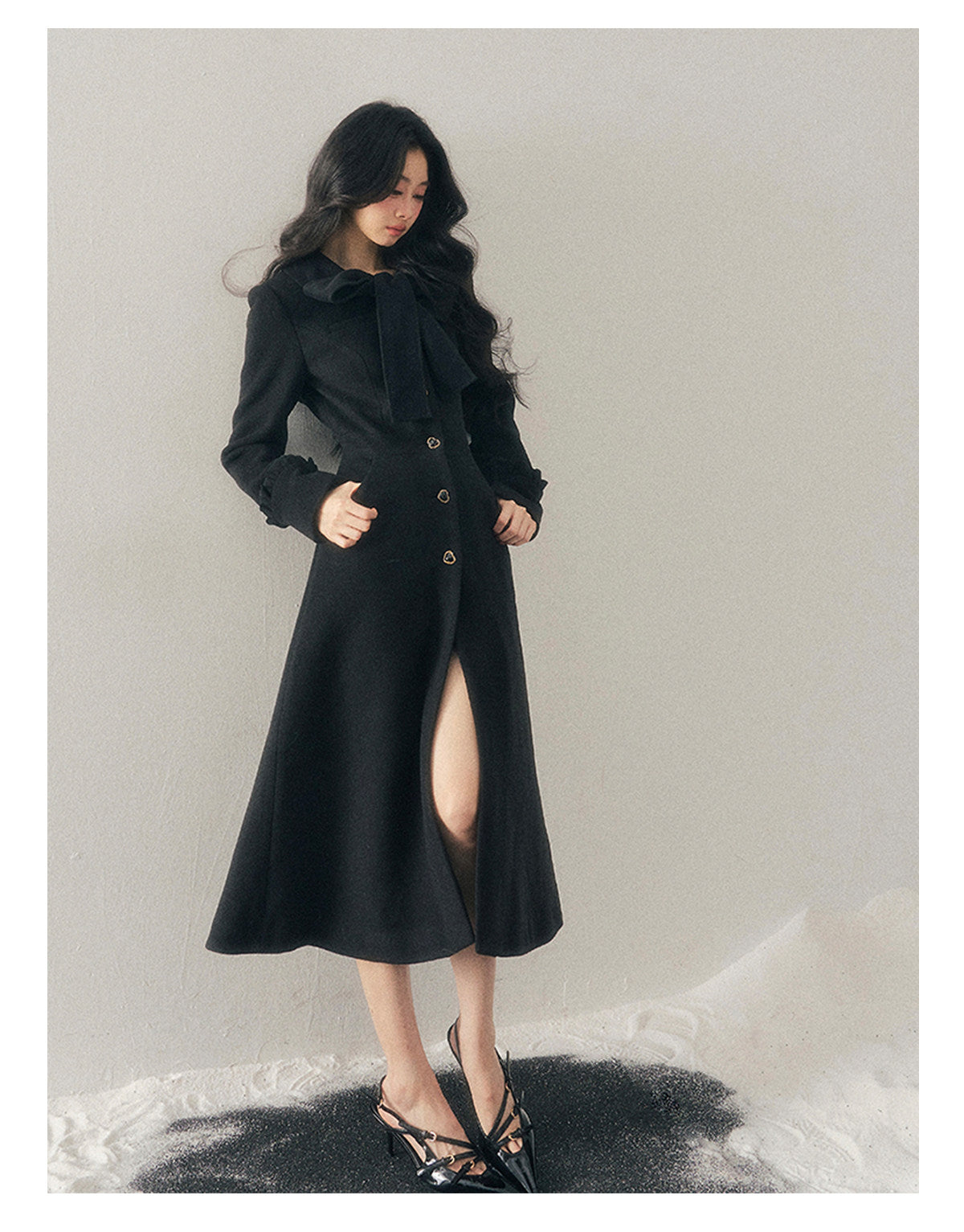 少也眼 "Snowfall Night" Wool-Blend Padded Coat – Rock Black Bow Edition