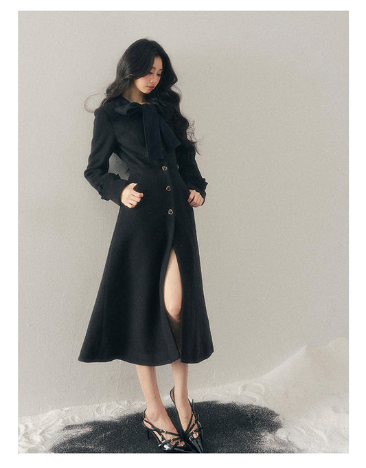 少也眼 "Snowfall Night" Wool-Blend Padded Coat – Rock Black Bow Edition