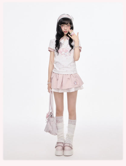 “Melody Blossom” Pink Floral Polo & Layered Skort Set