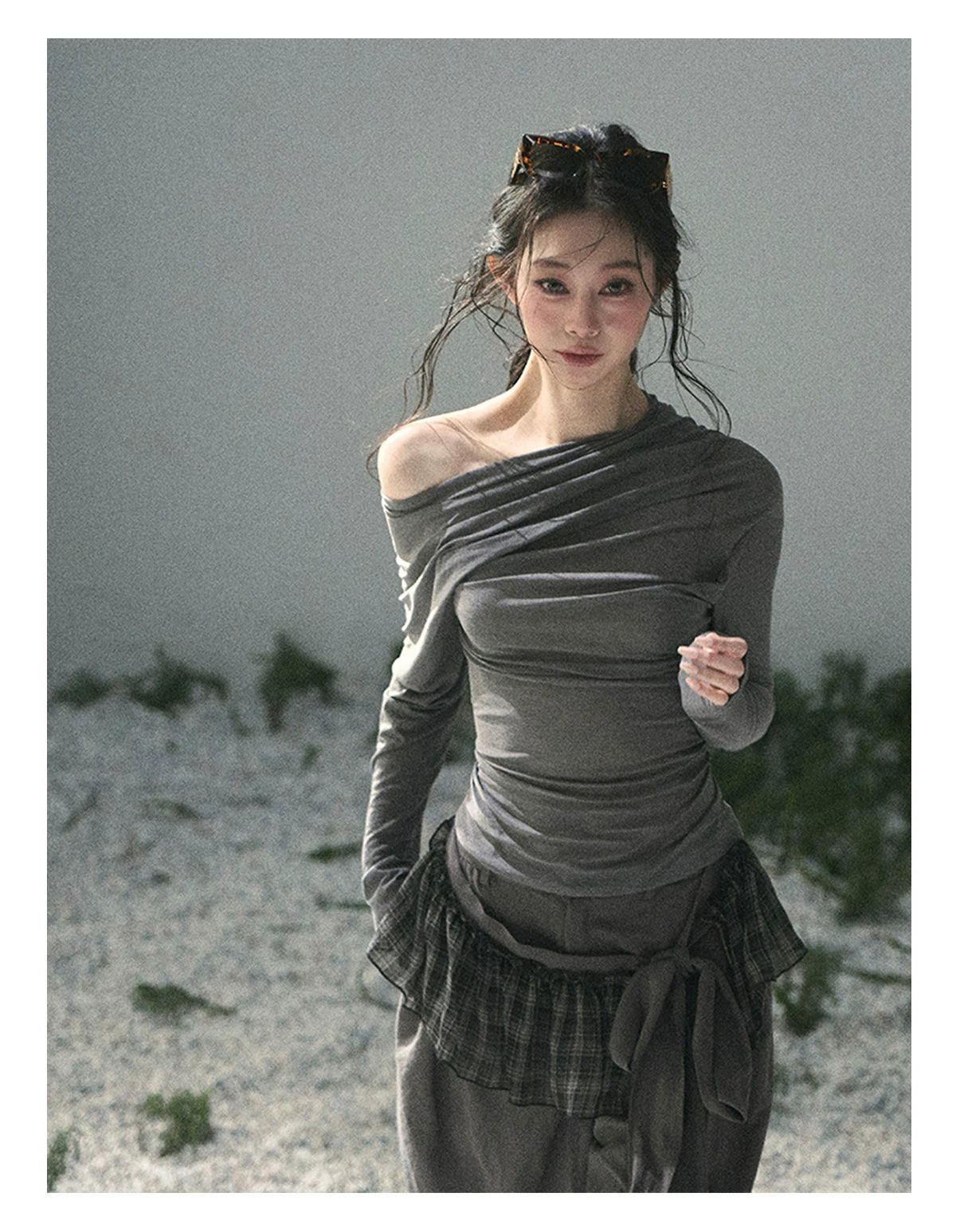 “Where Shadow Walks Beside Light” Dusk Gray Asymmetrical Top