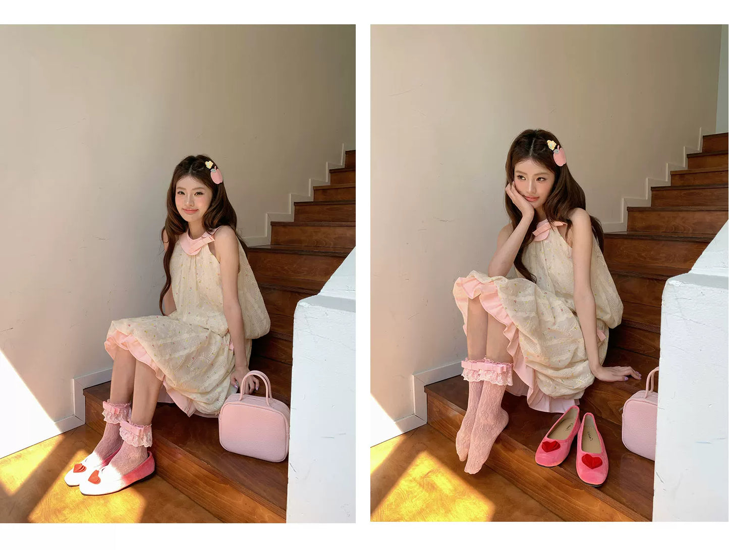 “Peach Cream Brioche” Cream Apricot Floral Bubble Skirt Set