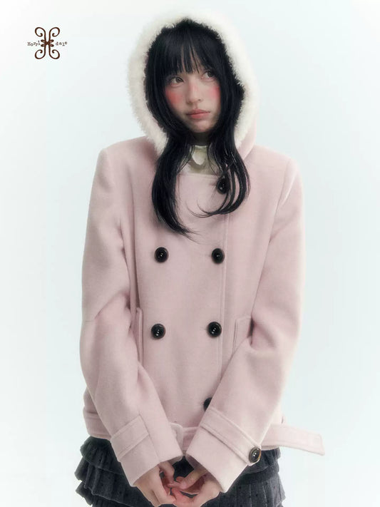 Horridale - Light Pink Double-Breasted Hooded Wool Blend Coat
