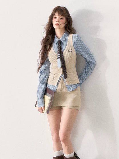 [TMMG] Miu-Inspired Blue Shirt, Knit Vest & Corduroy Skirt Set