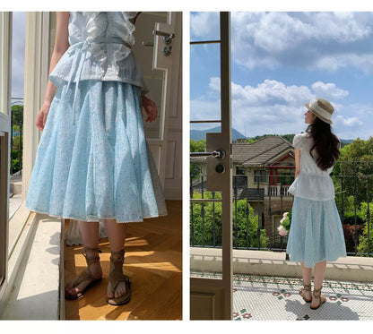 “Blue Berry Stardust” Blue Floral Polka Dot Skirt