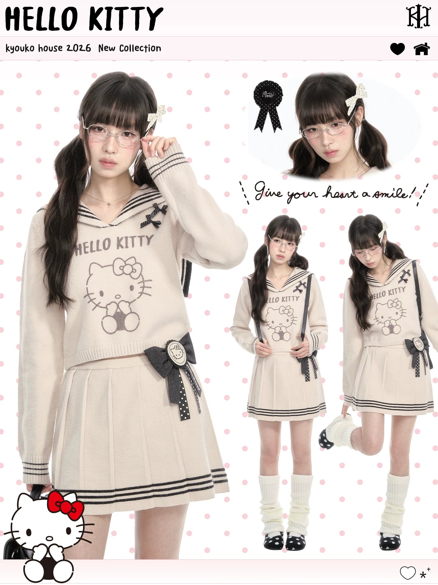 170726K "Kitty Harbor" Oat Beige Sailor Knit Set (Sailor Collar Knit Sweater + Pleated Knit Skirt)