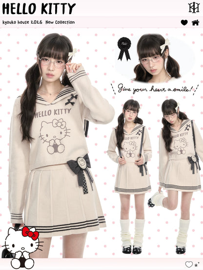 170726K "Kitty Harbor" Oat Beige Sailor Knit Set (Sailor Collar Knit Sweater + Pleated Knit Skirt)
