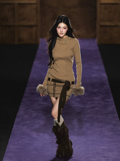 "Winter Whisper" Light Khaki Mock Neck Knit Mini Dress