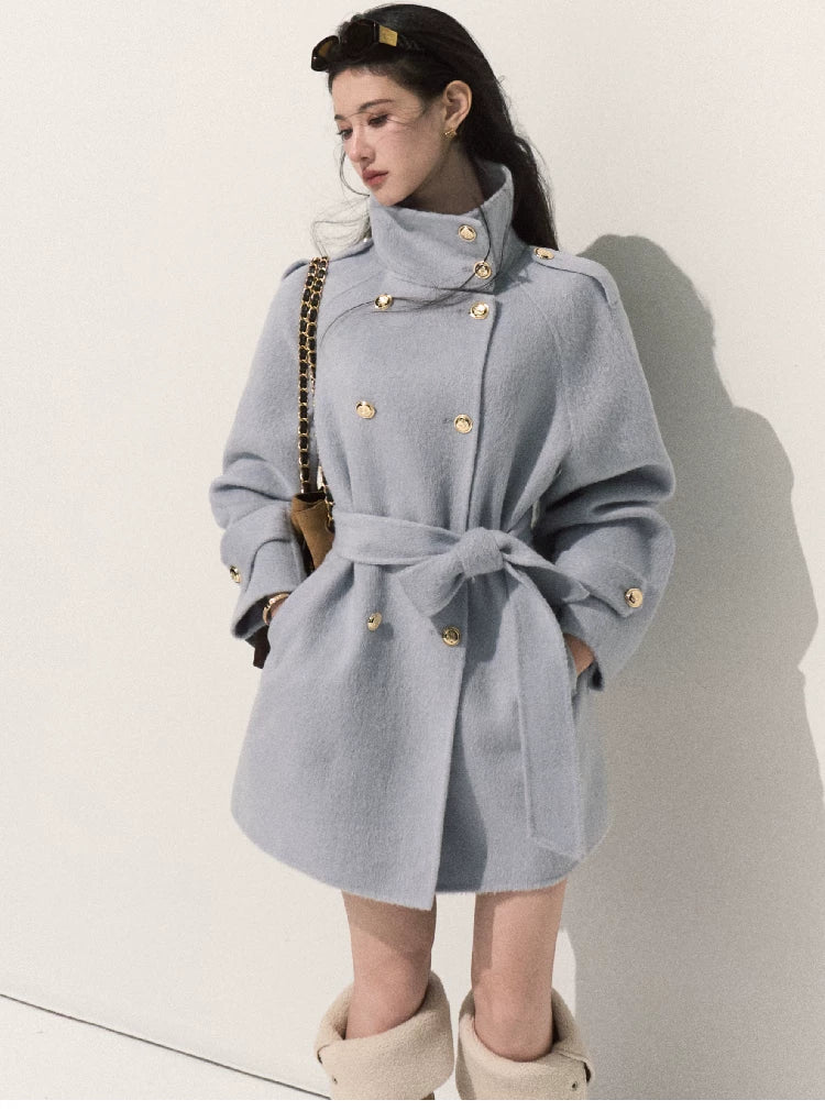 OAKMOO/ Pure Wool Belted Double-Faced Stand Collar Coat (Silver Blue / Flint Gray)