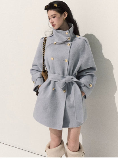 OAKMOO/ Pure Wool Belted Double-Faced Stand Collar Coat (Silver Blue / Flint Gray)