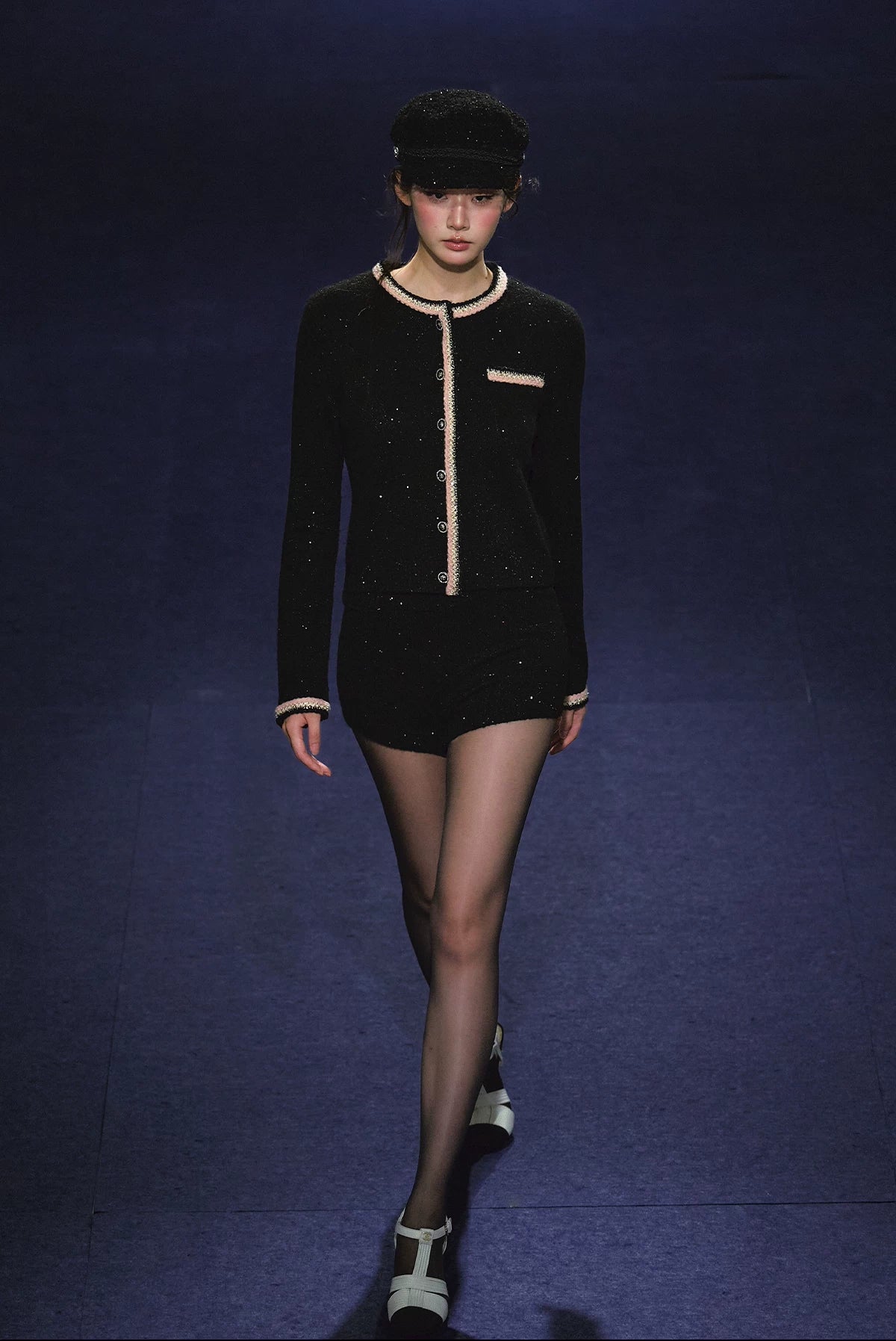 "Starlit Heiress" Black Shimmer Contrast Knit Cardigan & Shorts Set