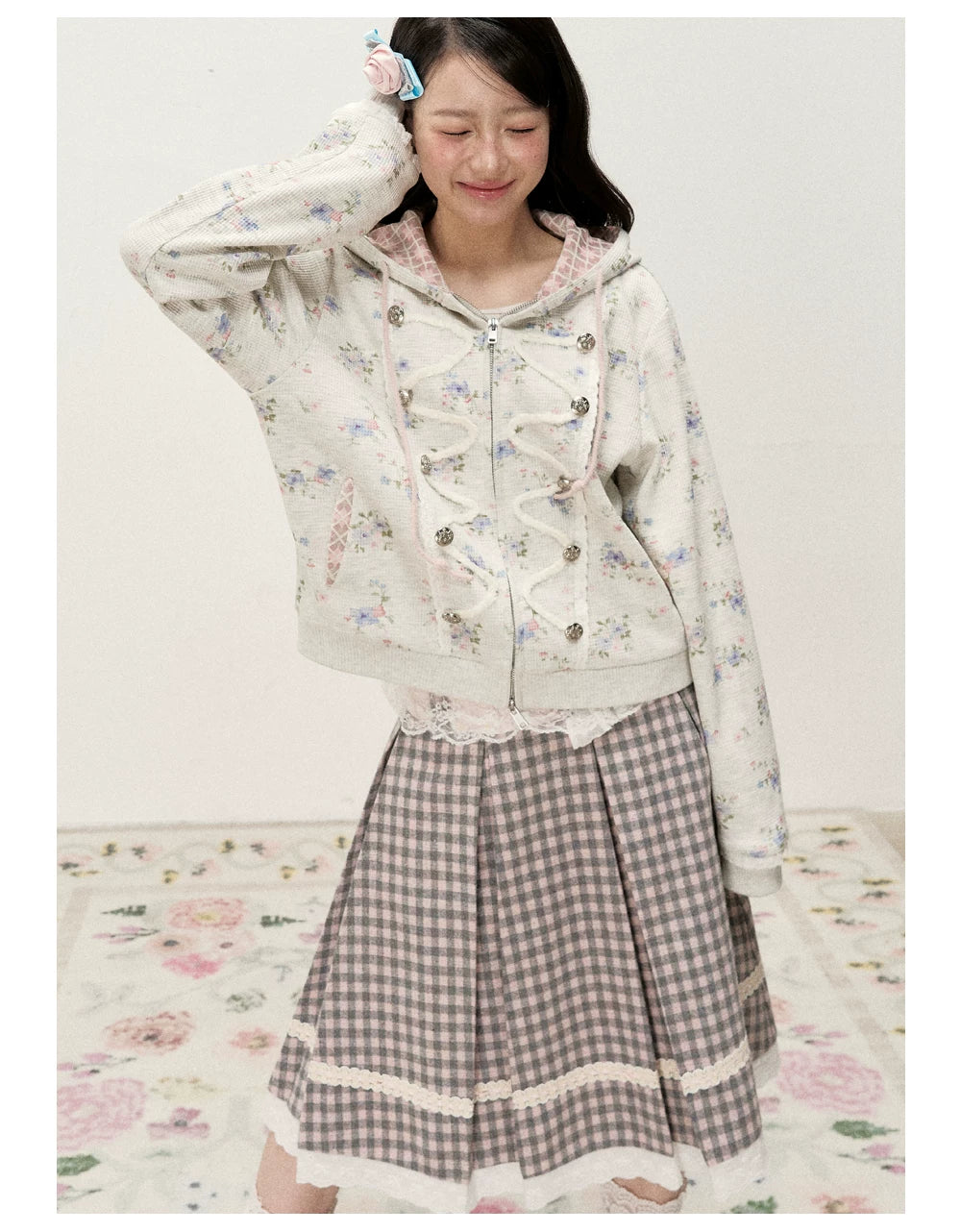 [RF] Gray & Pink Plaid A-Line Midi Skirt with Lace Trim
