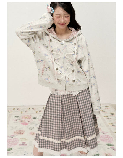 [RF] Gray & Pink Plaid A-Line Midi Skirt with Lace Trim