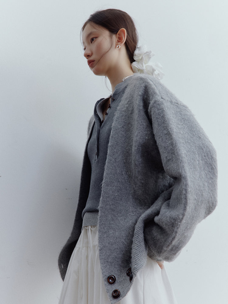 FUSSED Lazy Furry Mist Gray Wool & Mohair V-Neck Cardigan FOF-25SS177