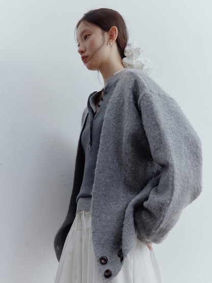 FUSSED Lazy Furry Mist Gray Wool & Mohair V-Neck Cardigan FOF-25SS177