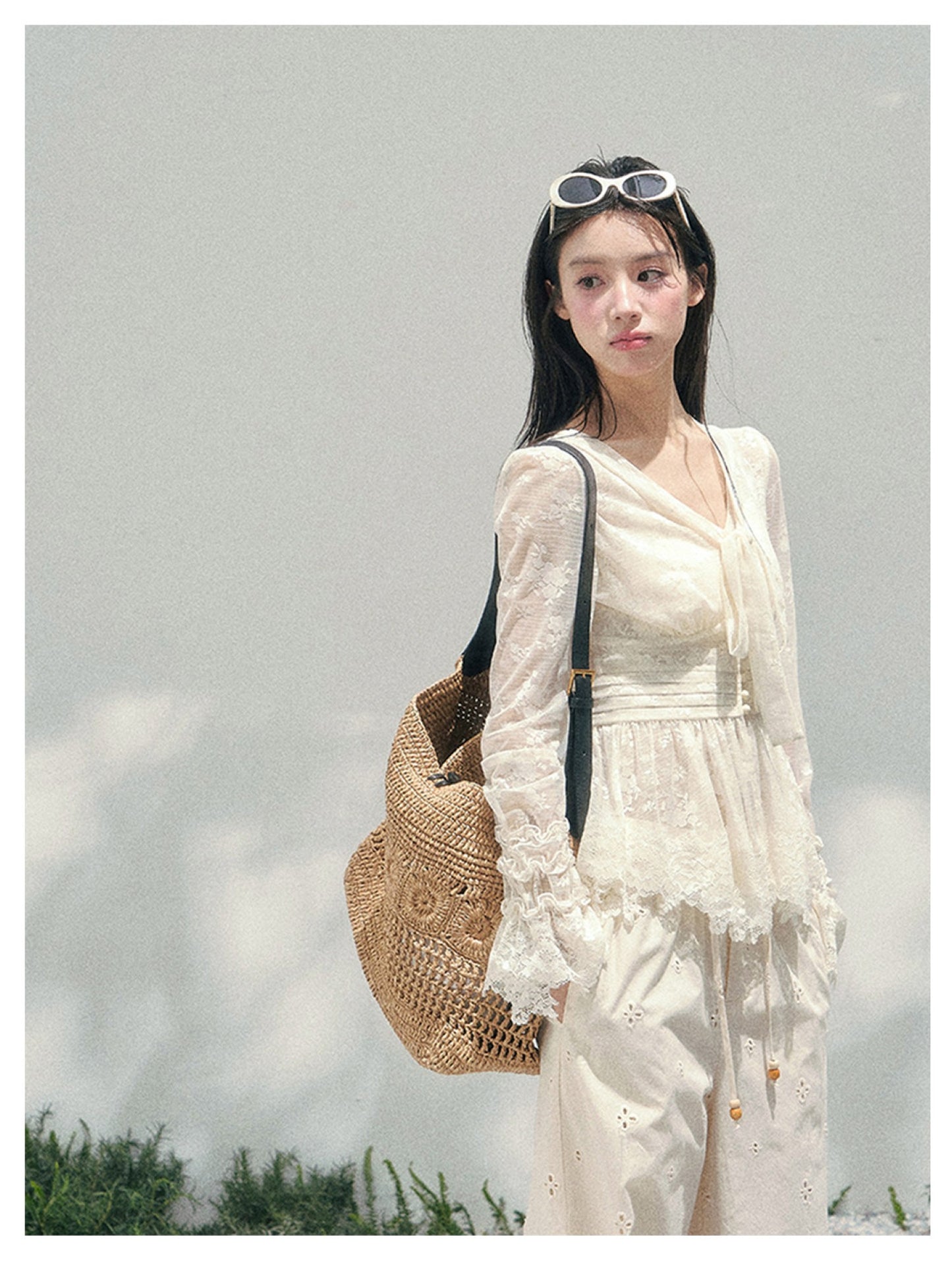 少也眼 “Lace’s Fading Dream” Sheer Lace V-Neck Cinched Top 53663788558