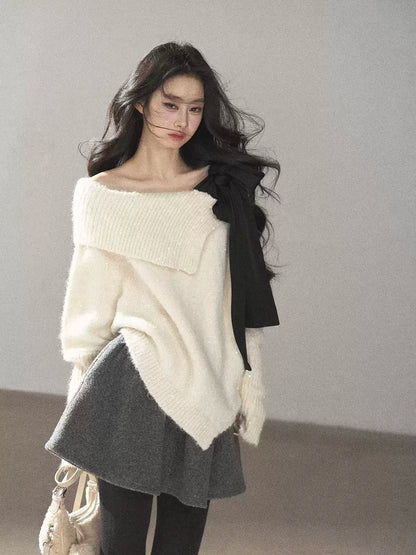 AOMALM - "Starlit Reverie" Sequin Off-Shoulder Sweater with Satin Bow - Milky Beige White