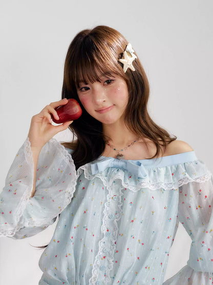 “Blue Meringue Reverie” Blue Off-Shoulder Cake Dress