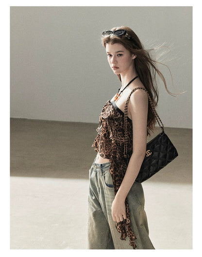 "Chasing the Sunset" Chestnut Brown Leopard Halter Ruffle Crop Top