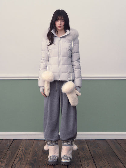 Soote Season - Glacier Blue Cropped Hooded Slim Down Jacket with Detachable Fur Collar