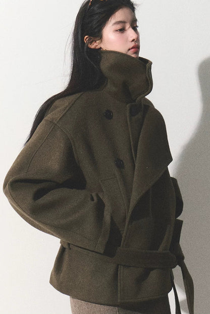 OAKMOO/ "The Flowers Are in Full Bloom" Jade Green Wool-Blend Short Belted Coat