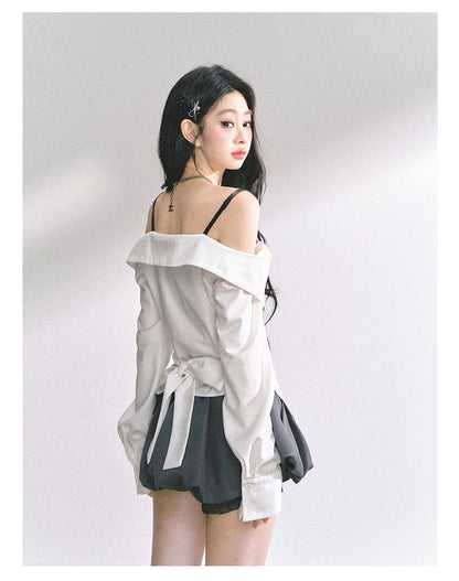 少也眼 "London Reveries" Off-Shoulder Plaid Sun-Proof Shirt - White