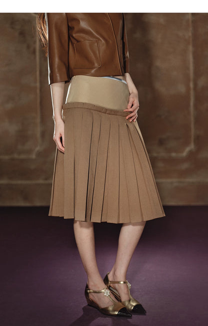 "Scholarly Muse" Khaki Faux Leather Jacket & Mixed-Media Pleated A-Line Skirt Set