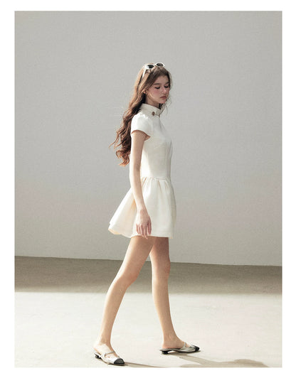 "Light Above the Clouds" Cream Ivory Satin Fit & Flare Mini Dress