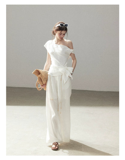 "Her Moonlight" Camellia White Off-Shoulder Top & Wide-Leg Pants Set