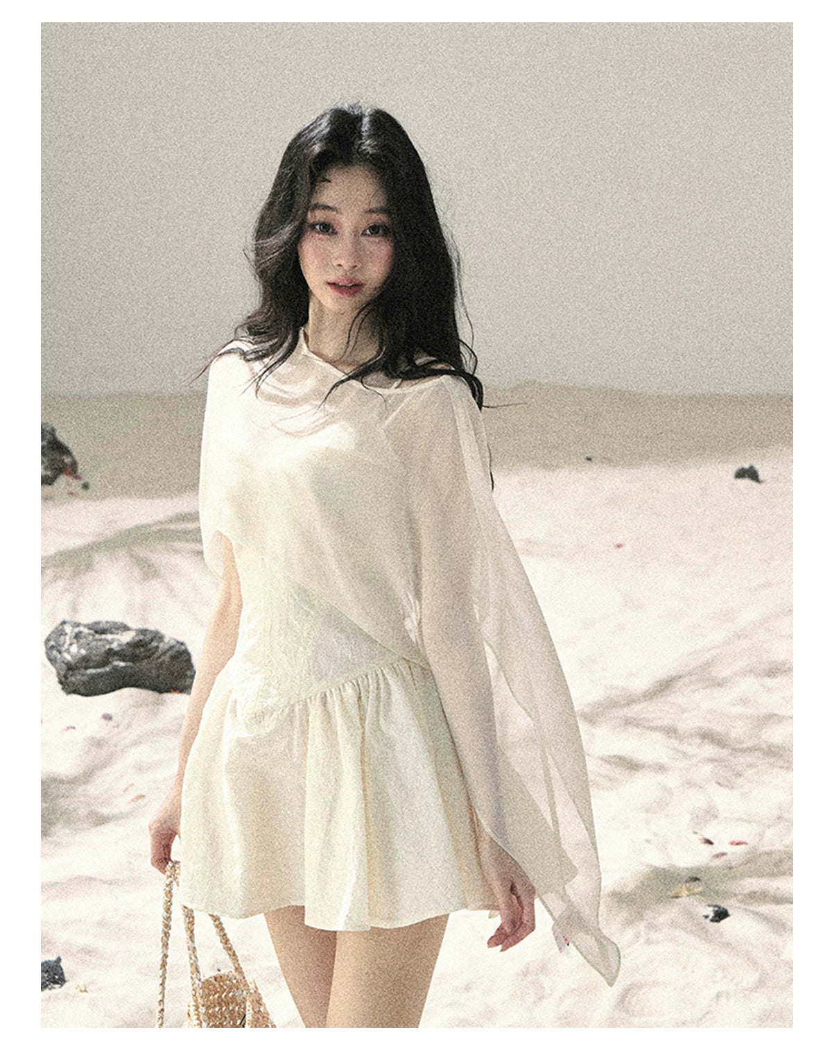 "Veiled in Mist" Cream Apricot Puff Mini Dress & Chiffon Shawl Set 5348