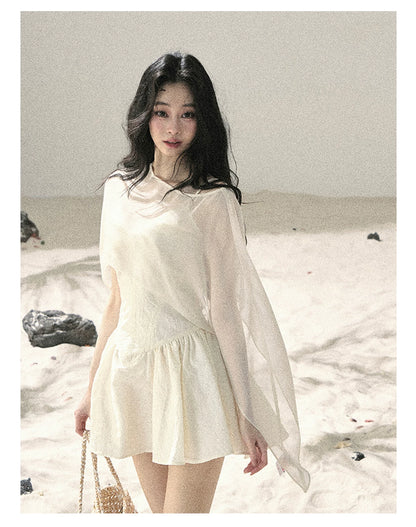 "Veiled in Mist" Cream Apricot Puff Mini Dress & Chiffon Shawl Set 5348