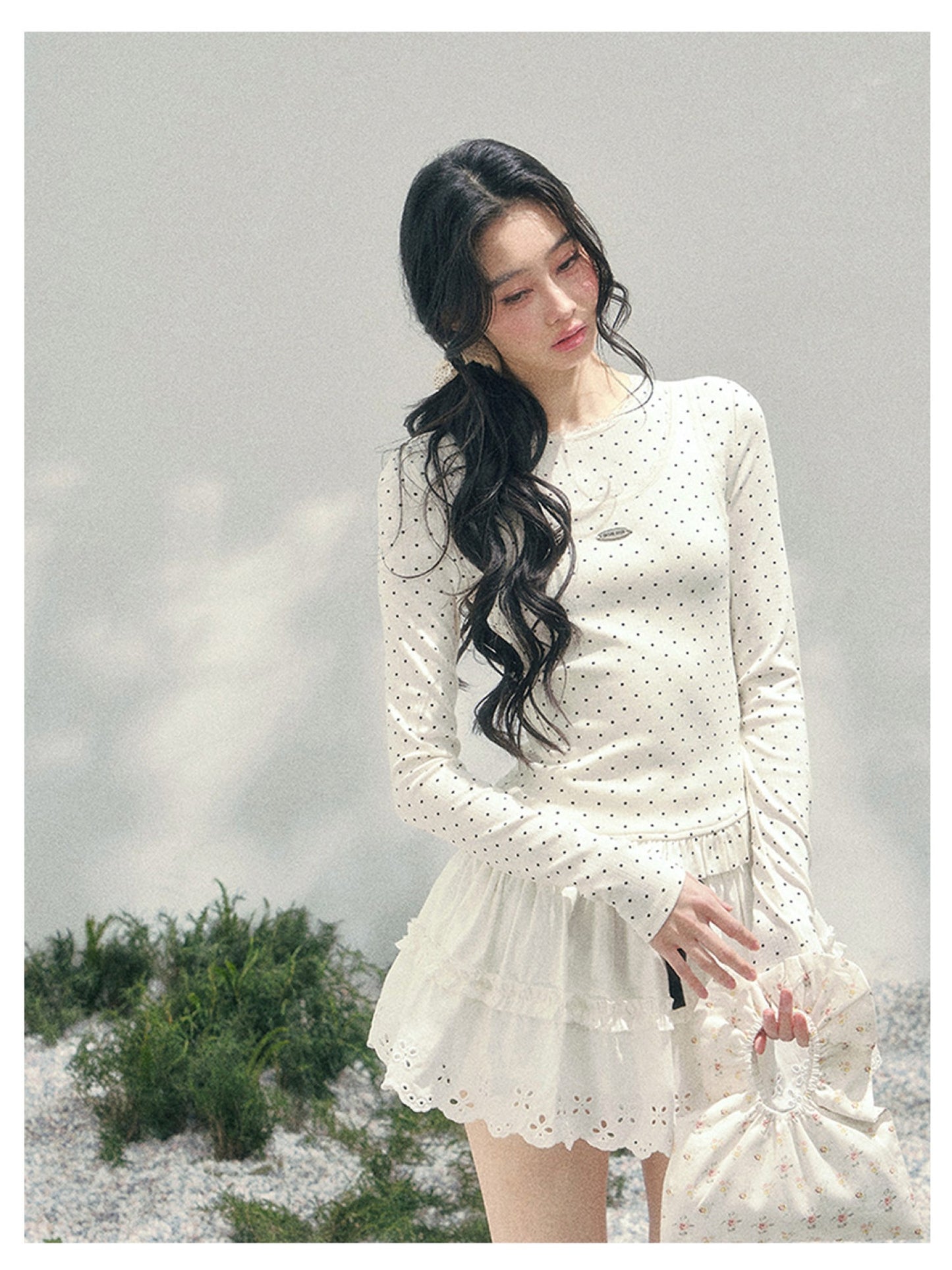 少也眼 “Soft Muse Student” Lace Polka Dot Faux-Layer Shoulder Tee 6747668