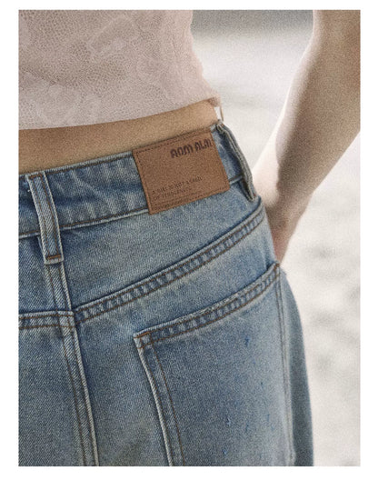 "Starlit Grace" Mist Blue Handmade Floral Wide-Leg Jeans