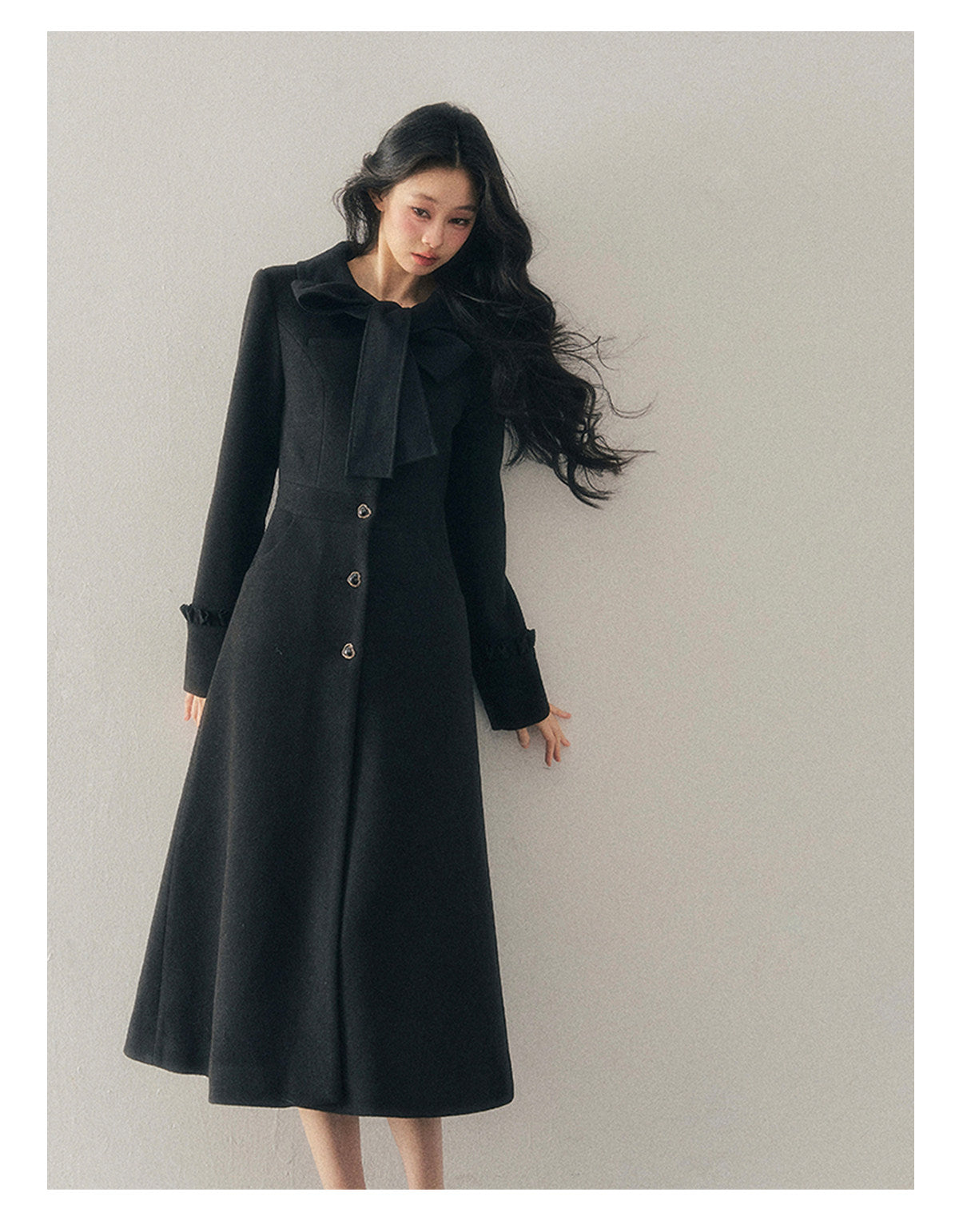少也眼 "Snowfall Night" Wool-Blend Padded Coat – Rock Black Bow Edition