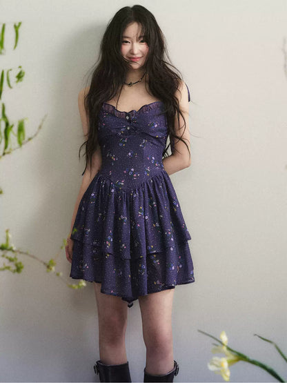 1P - Deep Purple Floral Chiffon Tiered Mini Dress