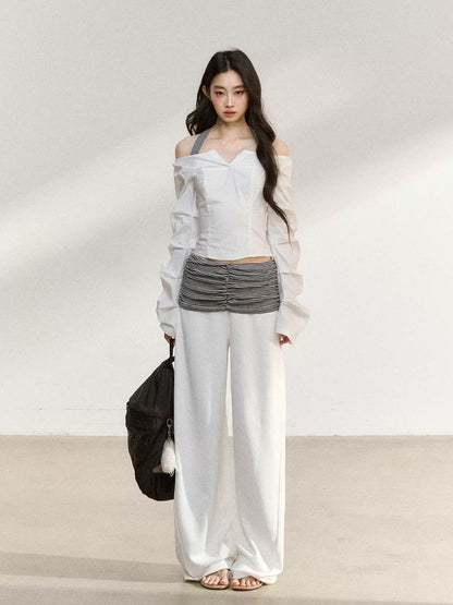 JN's DESIGN - White Wide-Leg Pants with Contrast Striped Waistband