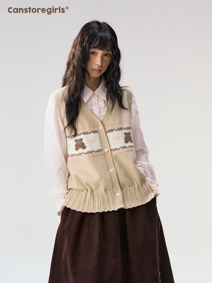 [CAN] "Bear Waltz" Brown Bow Jacquard Knit Vest