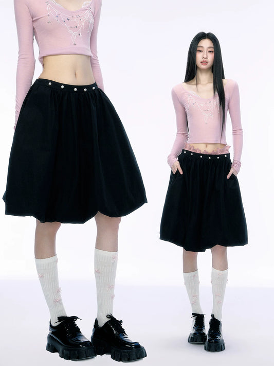 JN's DESIGN - Black Bubble Hem Skirt with Pearl Button Detail