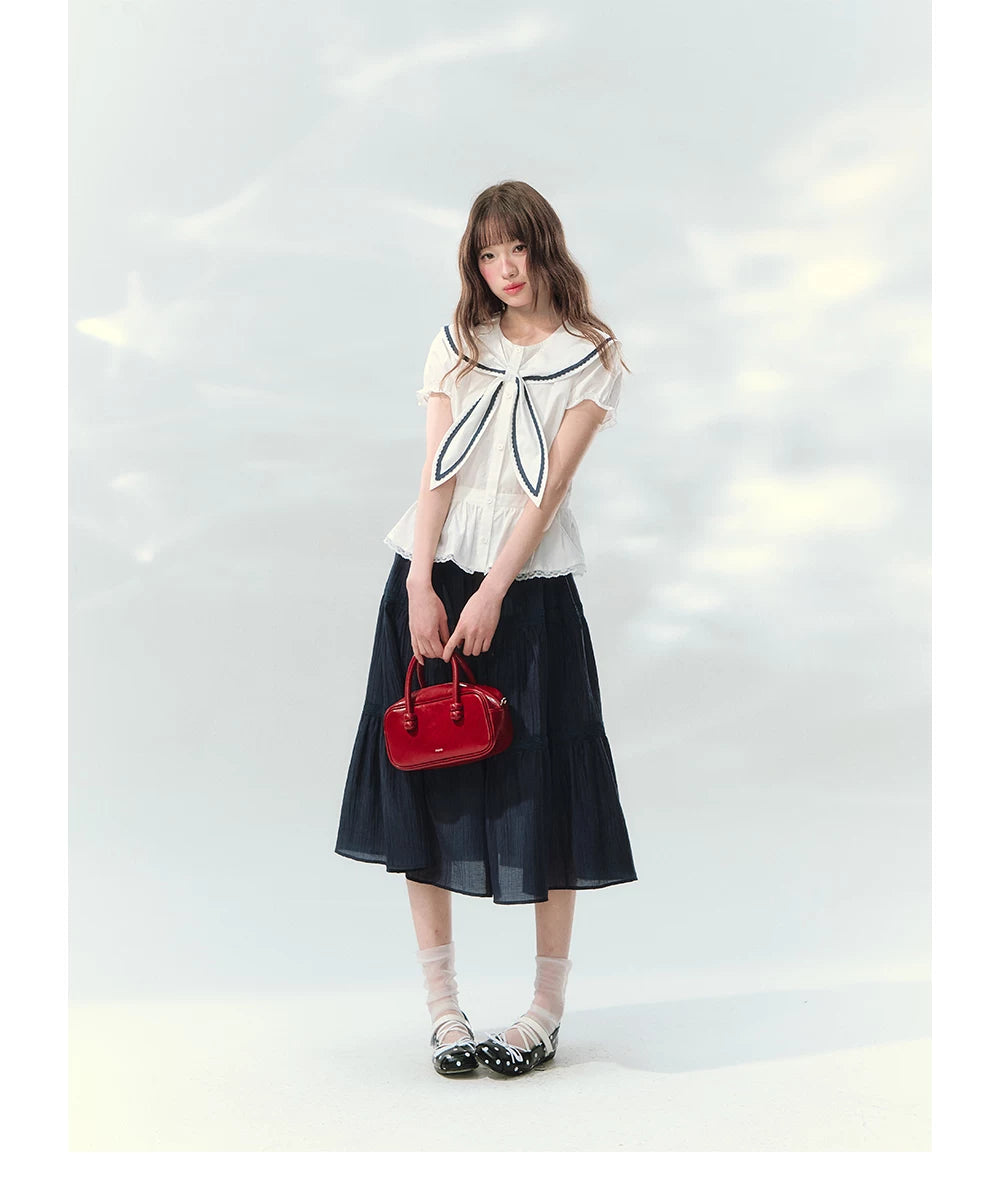 “Letter from Sea Isle” White & Navy Sailor Collar Blouse and Tiered Skirt Set