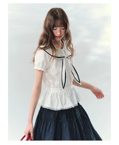 “Letter from Sea Isle” White & Navy Sailor Collar Blouse and Tiered Skirt Set