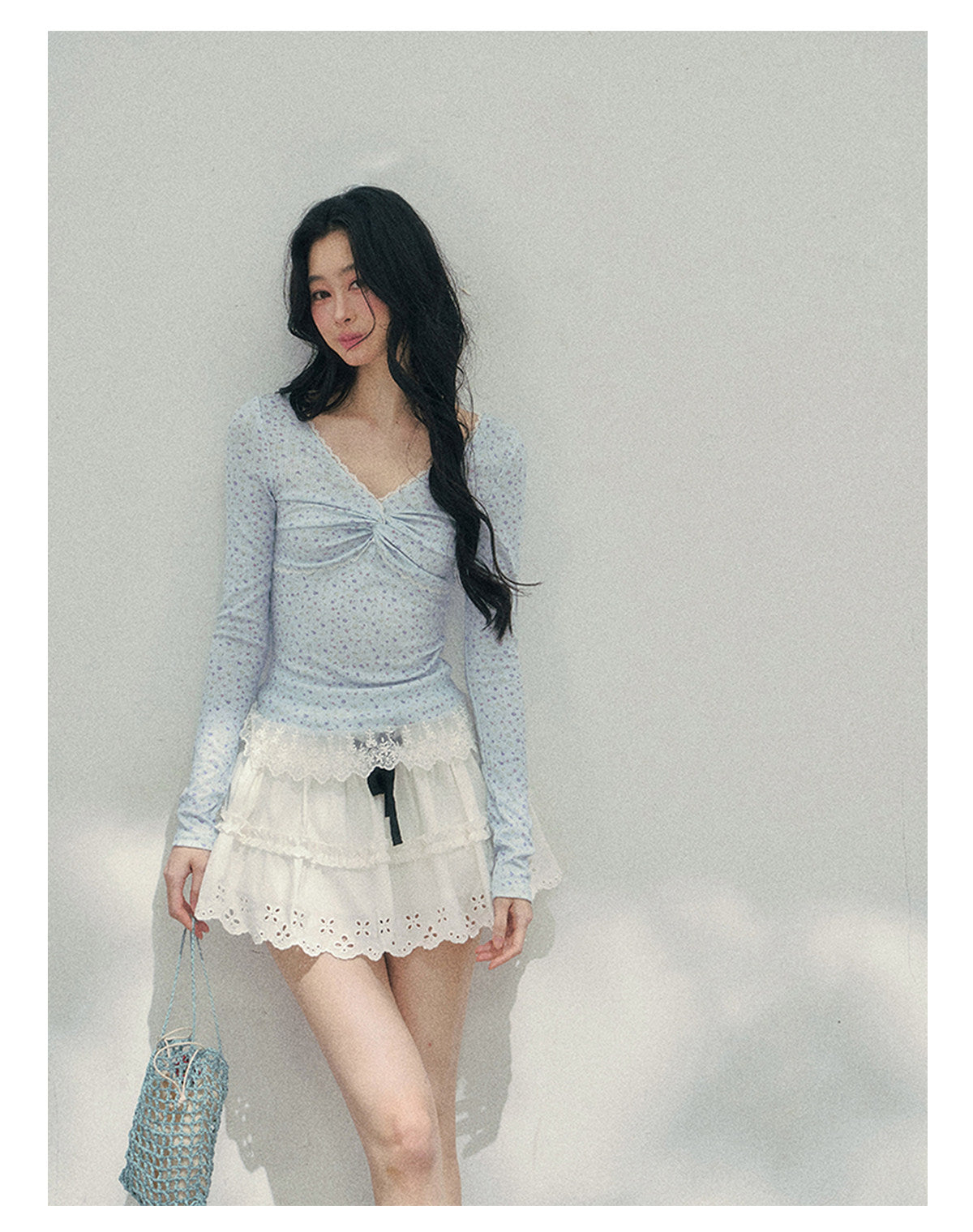 少也眼 "Heartbeat Pause" Baby Blue Back Lace Cut-Out Top 53685634