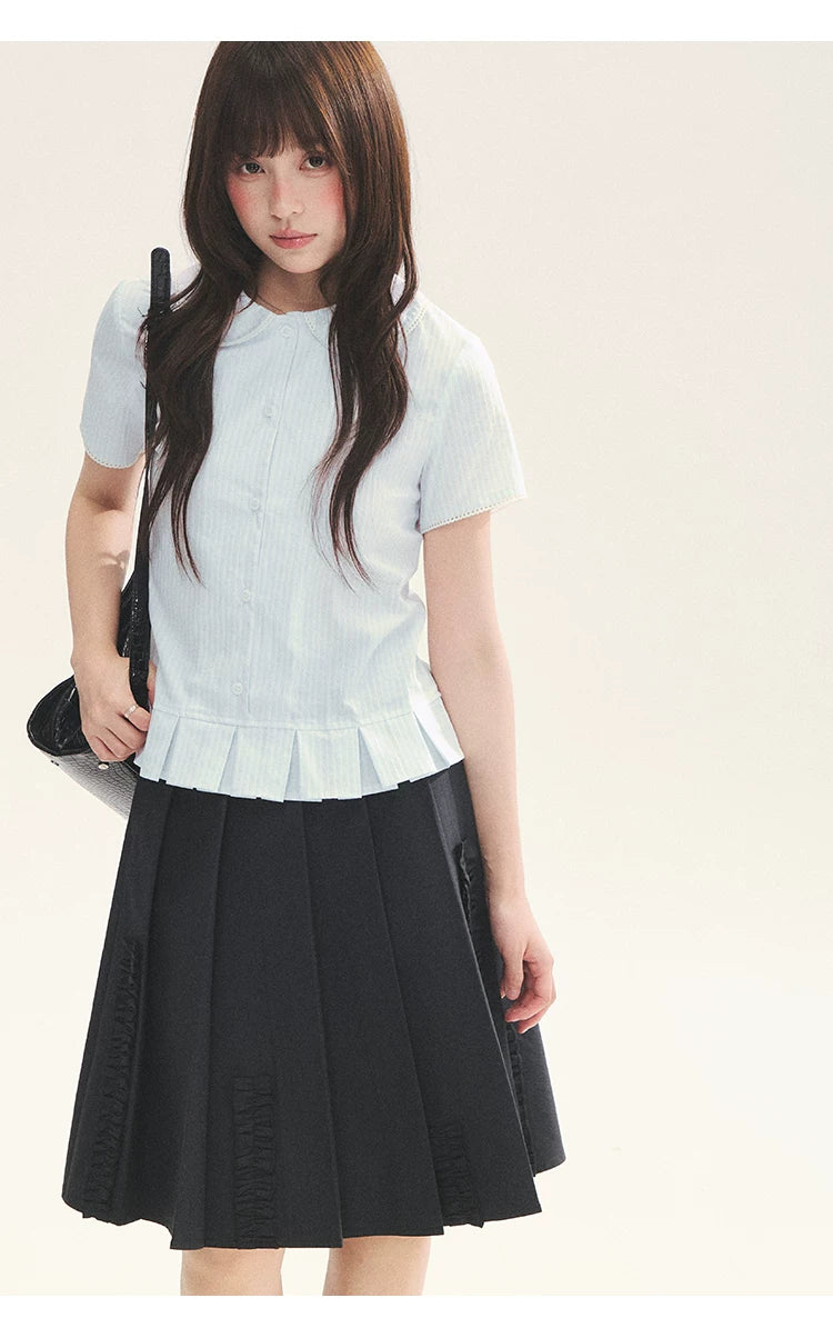 "Citrus Sea Salt" Stripe Lace Peter Pan Collar Pleated Shirt (White Blue / Blue White)
